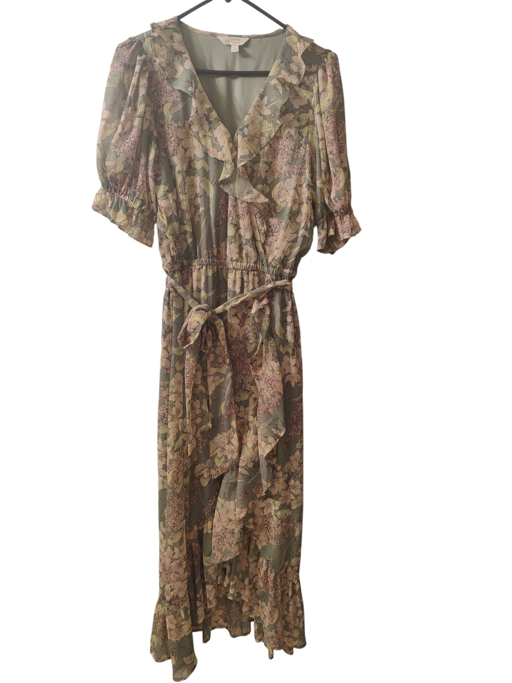 Laura Conrad Floral Ruffle Maxi Dress in Sage Green and Blush